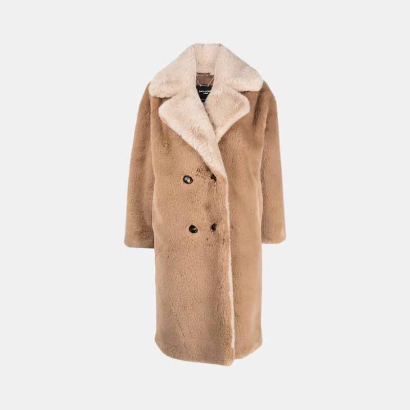 Long Two Tone Double Breasted Faux Fur Coat