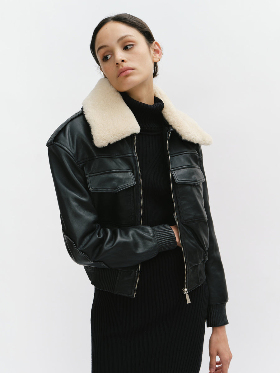 Leather bomber with shearling collar