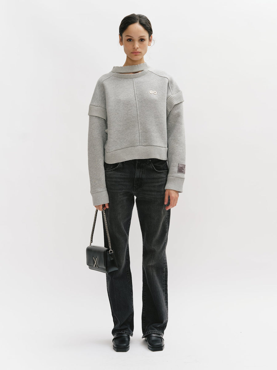 Crewneck Sweatshirt with Cut Out Collar and Ruffles