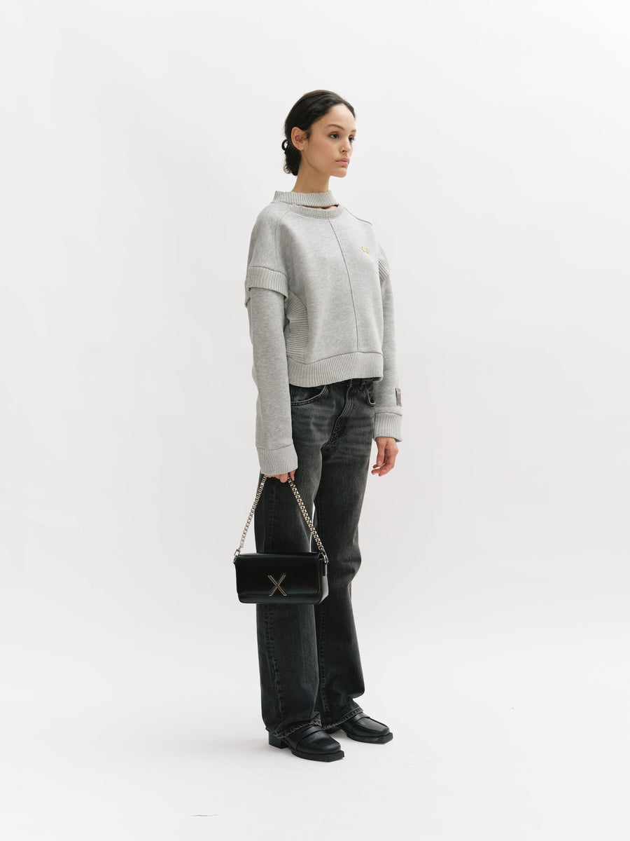 Crewneck Sweatshirt with Cut Out Collar and Ruffles