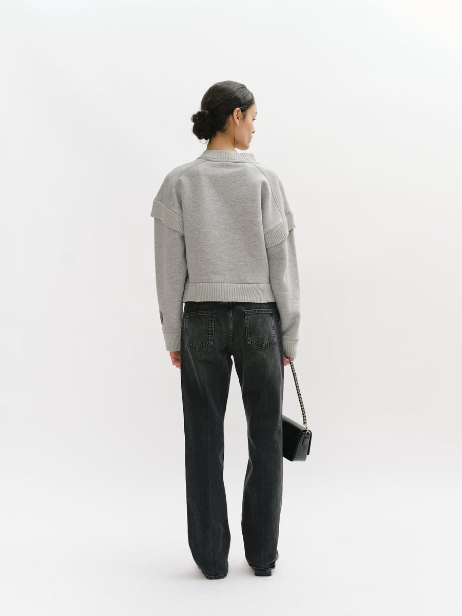Crewneck Sweatshirt with Cut Out Collar and Ruffles
