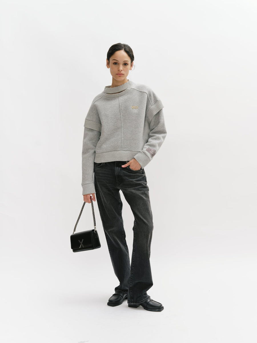 Crewneck Sweatshirt with Cut Out Collar and Ruffles