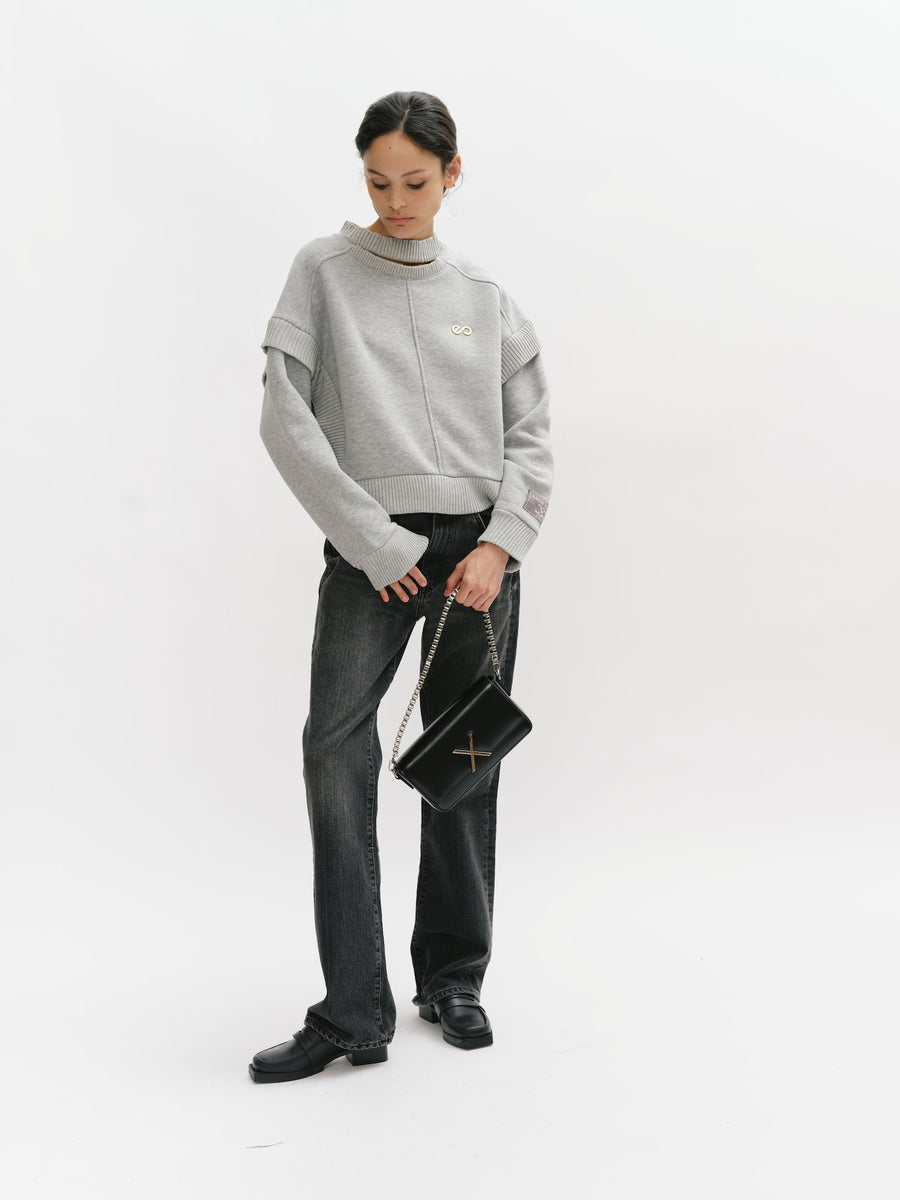 Crewneck Sweatshirt with Cut Out Collar and Ruffles