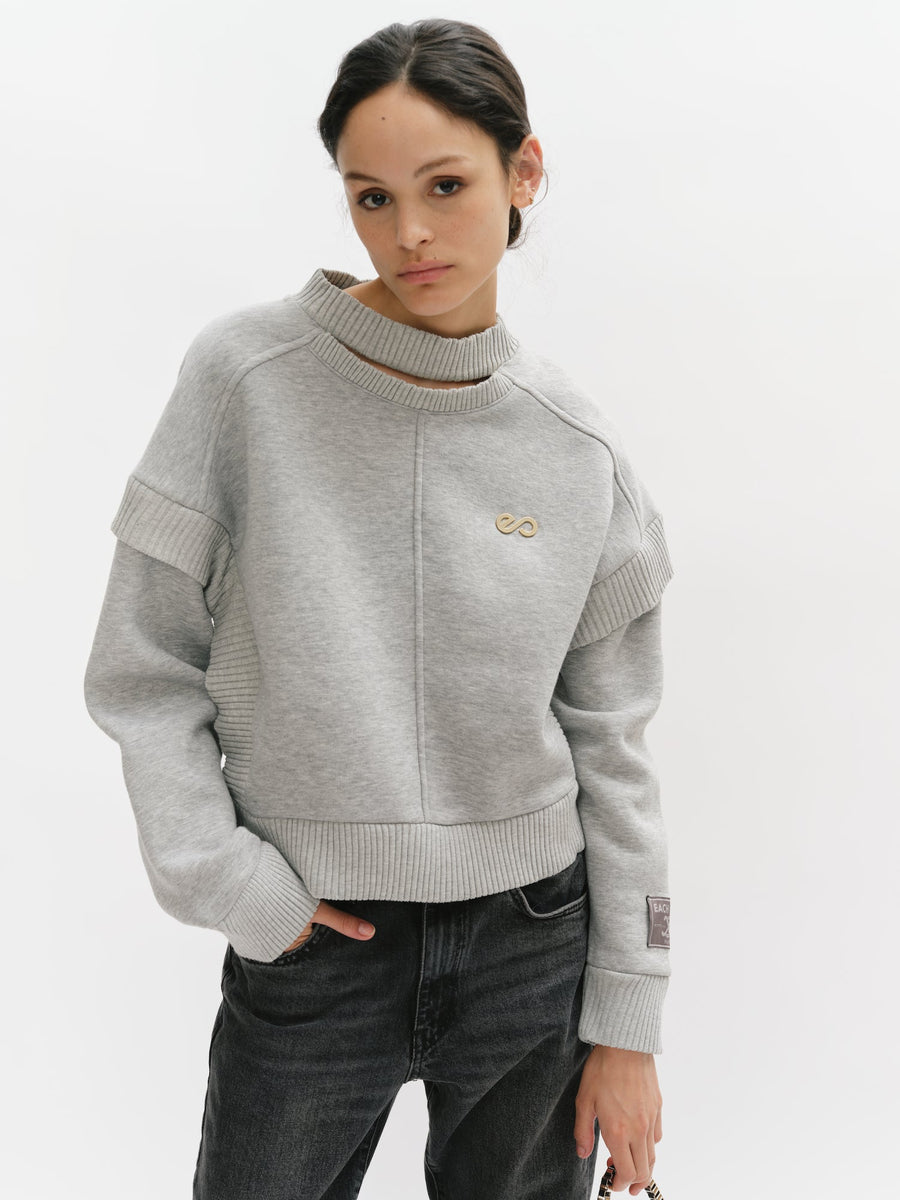 Crewneck Sweatshirt with Cut Out Collar and Ruffles