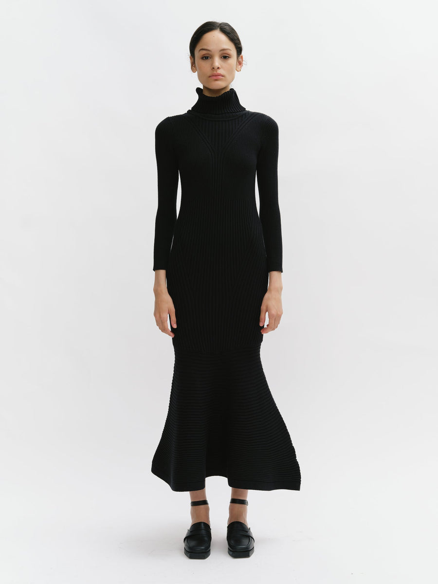 Long Turtleneck Body-Conscious Knit Dress