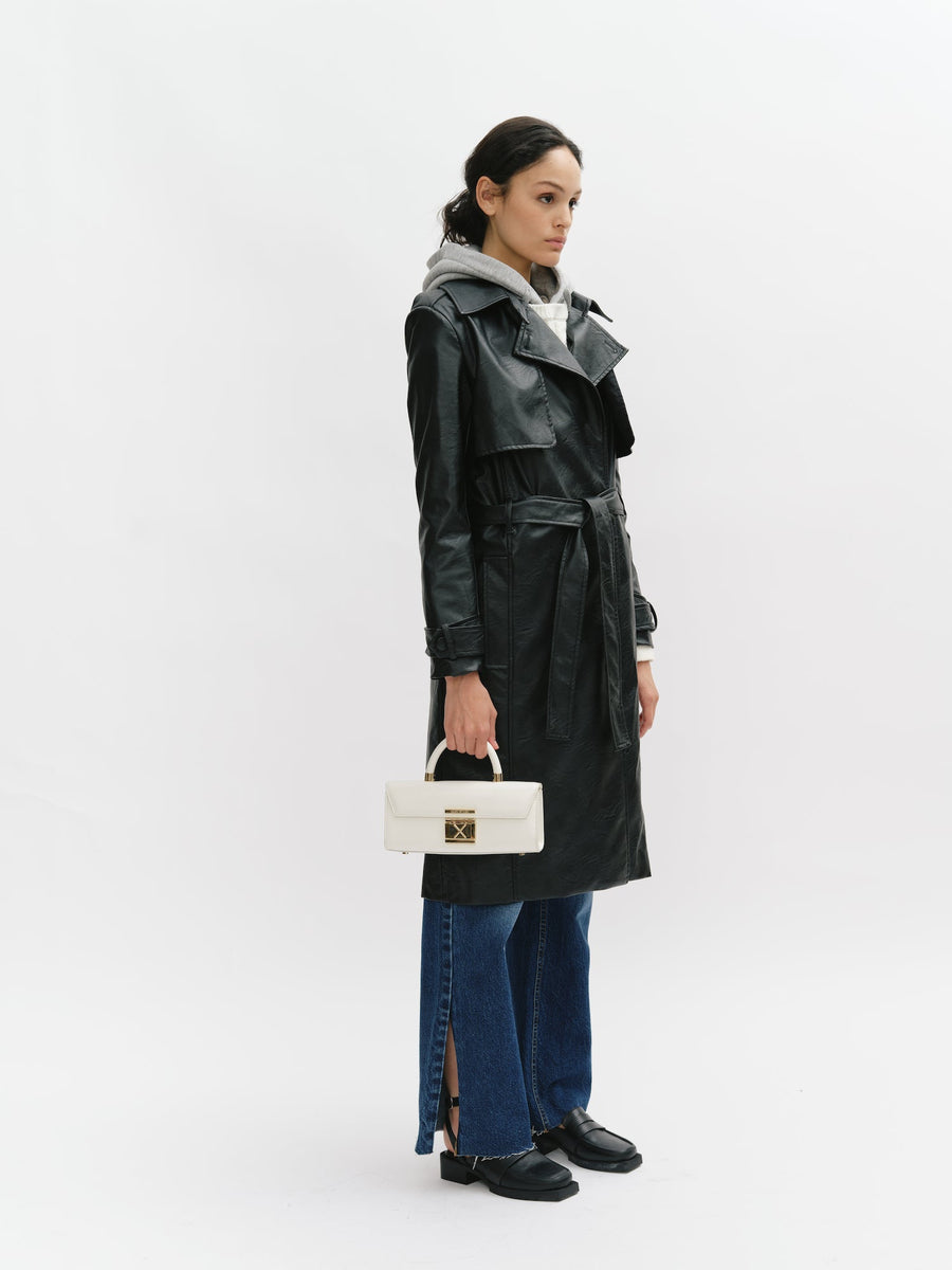 Vegan Leather Double Breasted Trench Coat with Belt