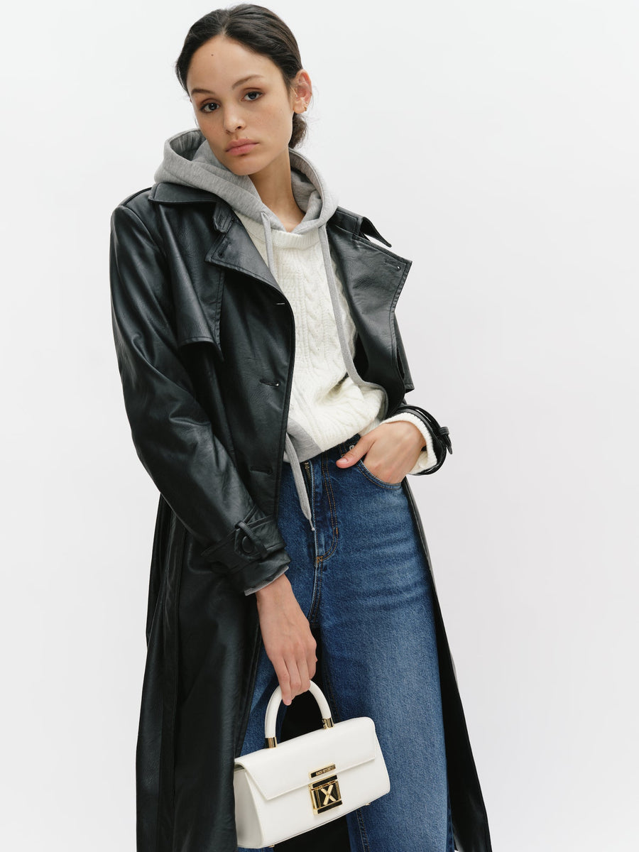 Vegan Leather Double Breasted Trench Coat with Belt
