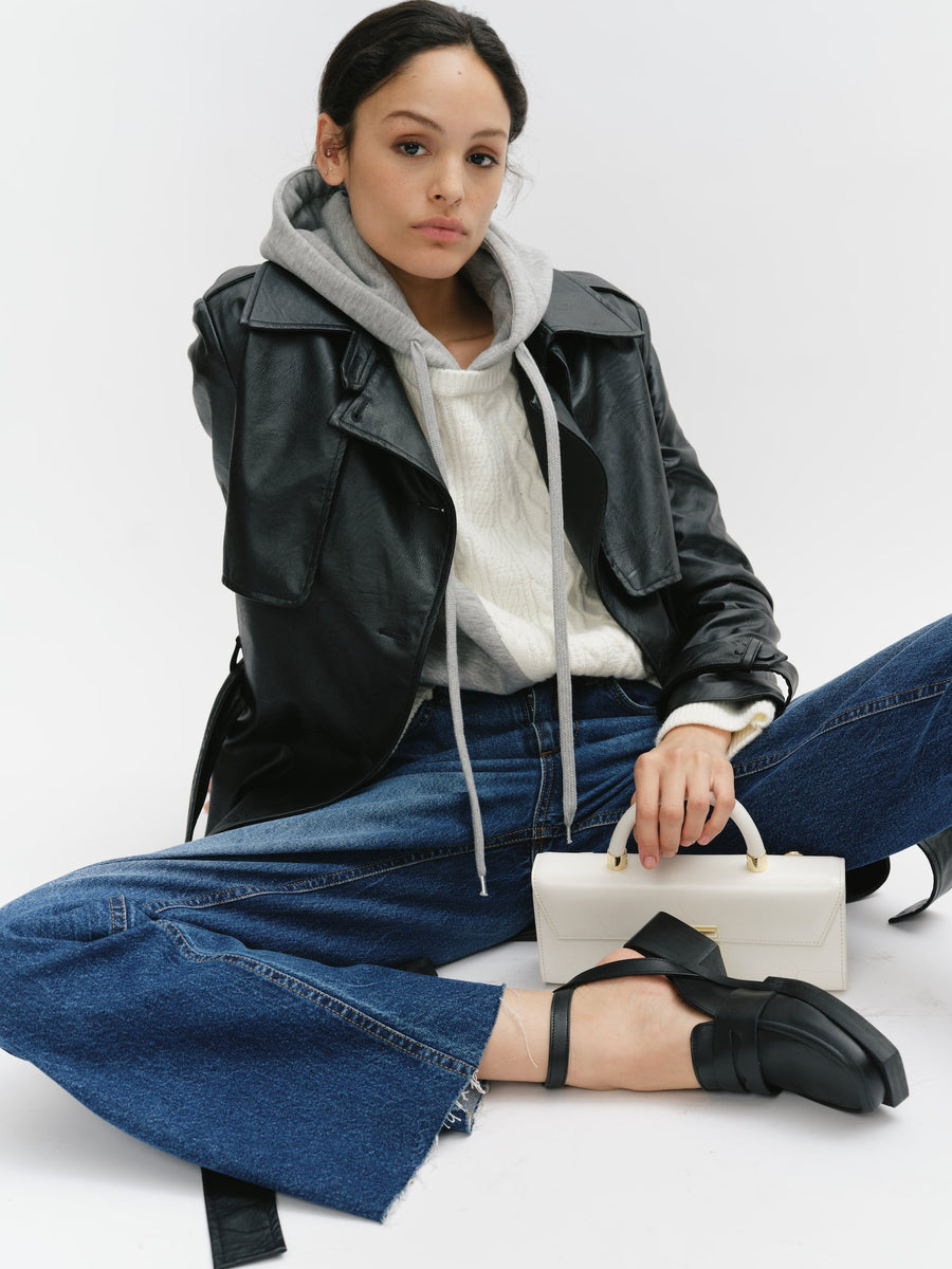 Vegan Leather Double Breasted Trench Coat with Belt