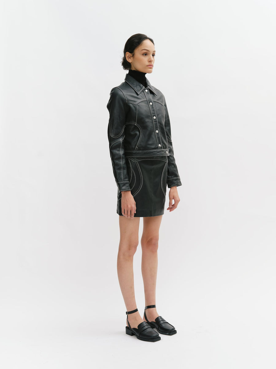 Leather Jacket with Contrasted Stitching Detail