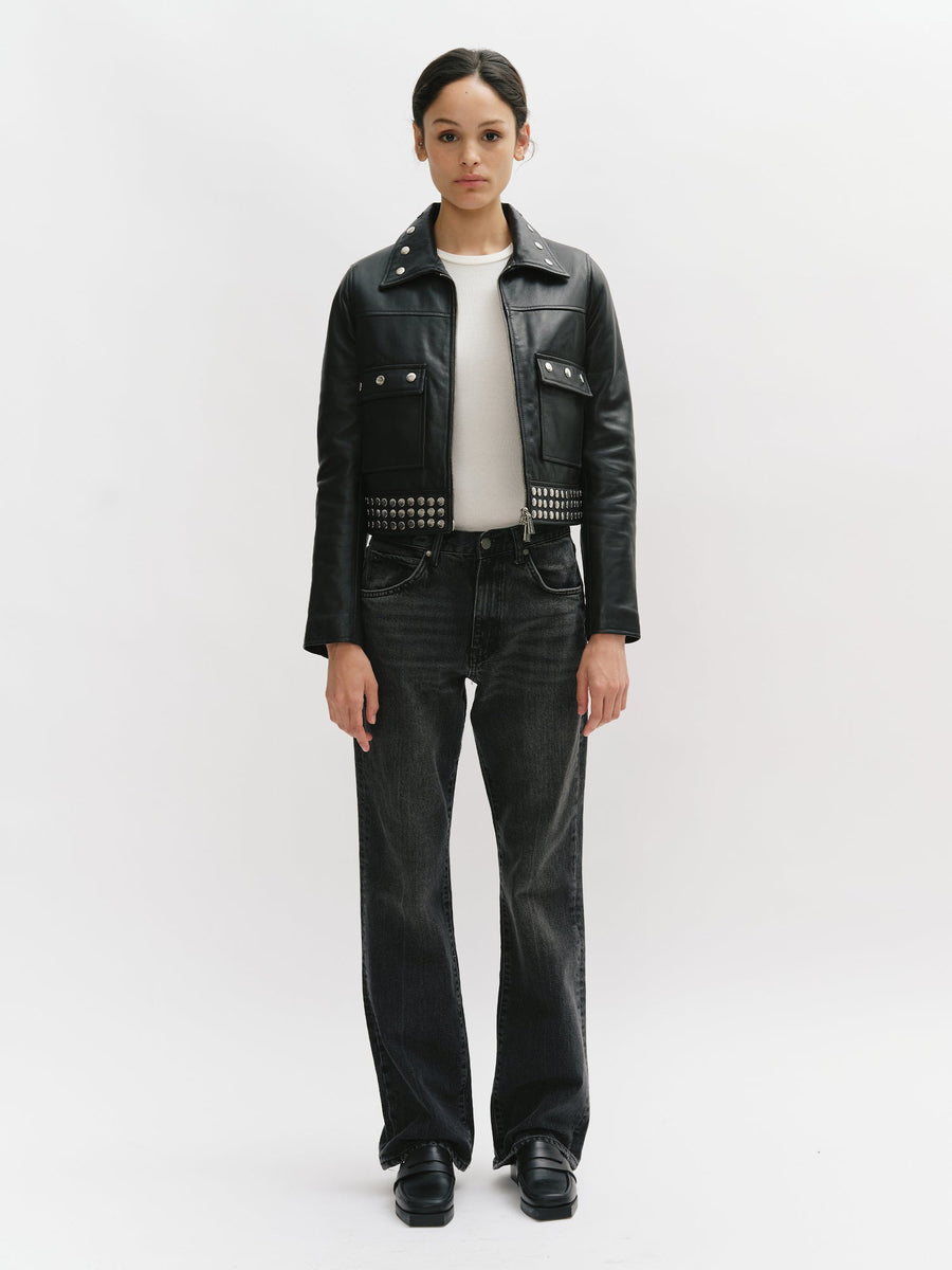 Leather zipped jacket with studs