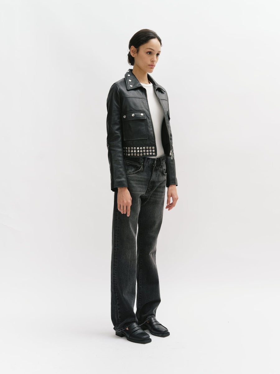Leather zipped jacket with studs