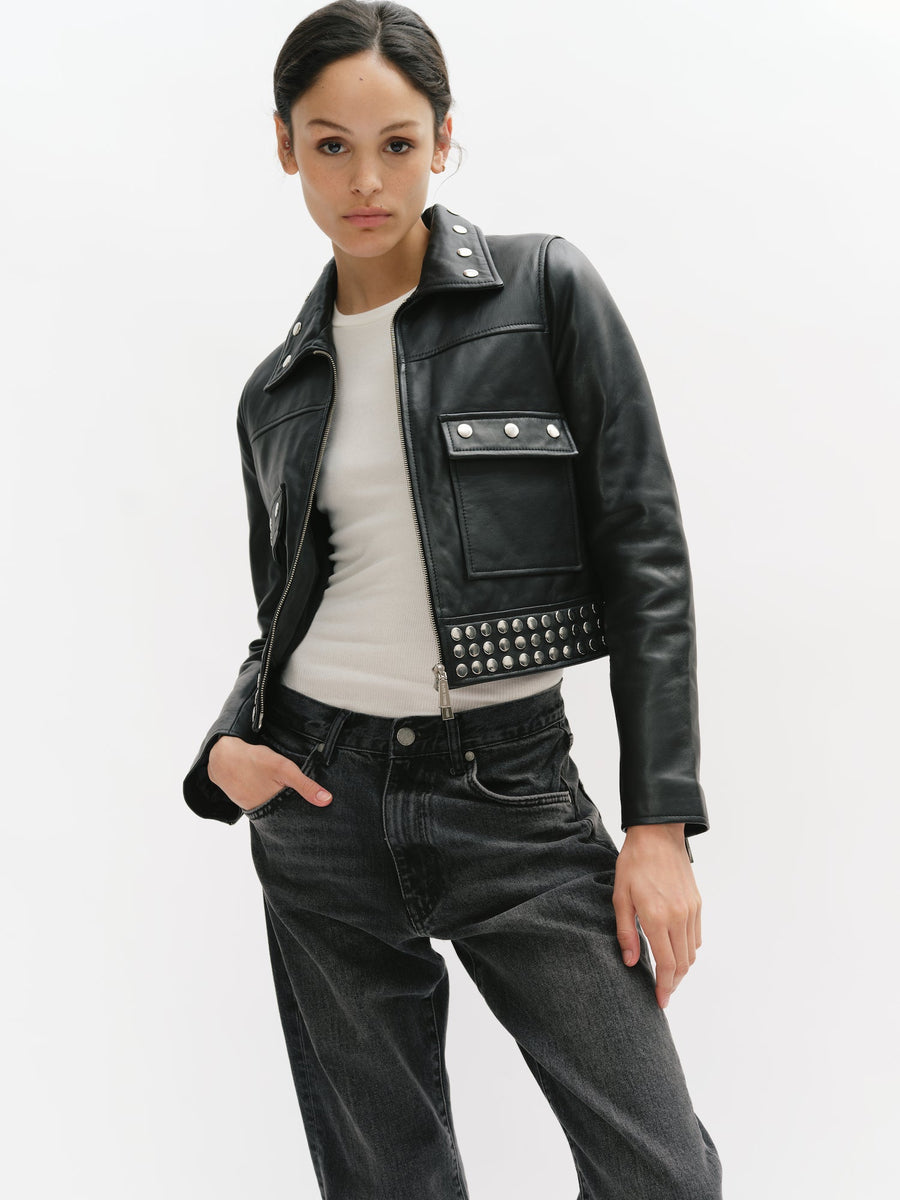 Leather zipped jacket with studs