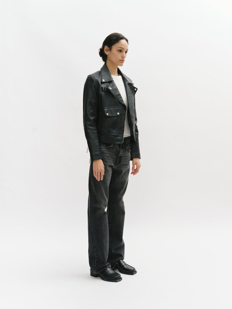 Classic Leather Biker Jacket with Lacing
