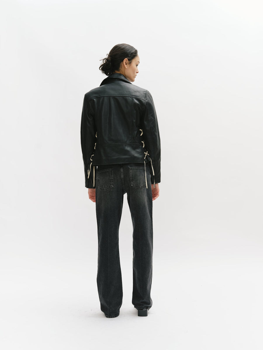 Classic Leather Biker Jacket with Lacing