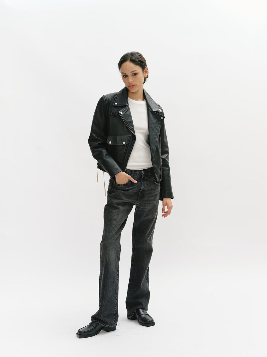 Classic Leather Biker Jacket with Lacing
