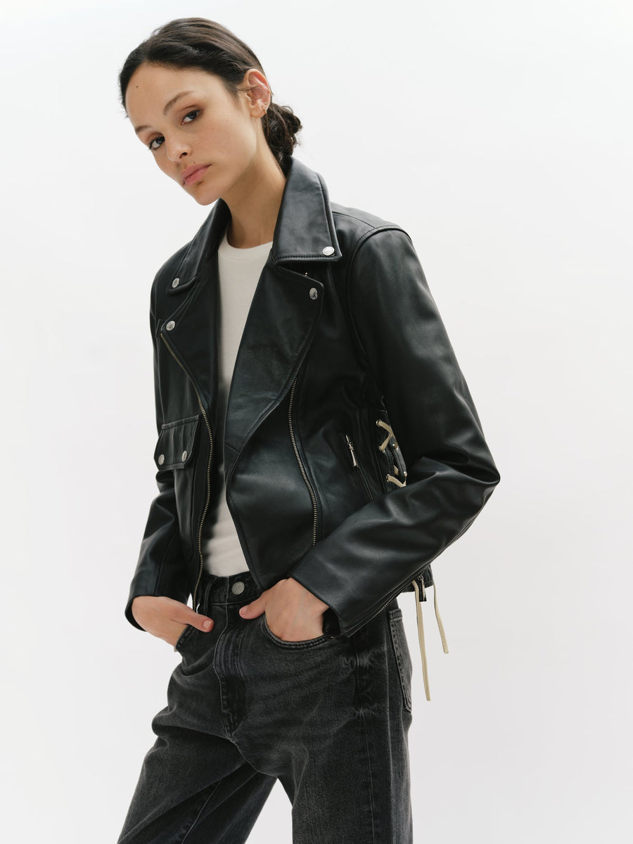 Classic Leather Biker Jacket with Lacing