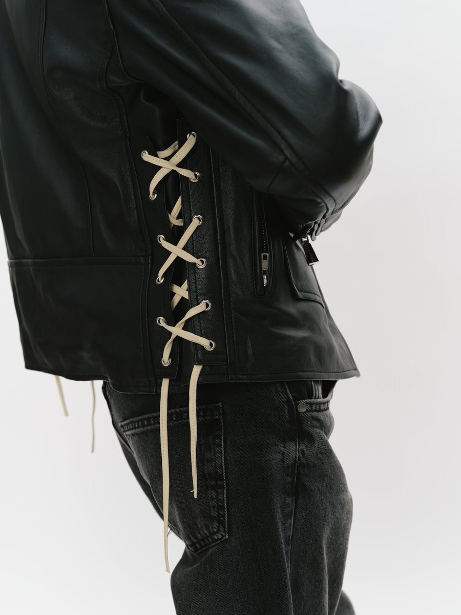 Classic Leather Biker Jacket with Lacing
