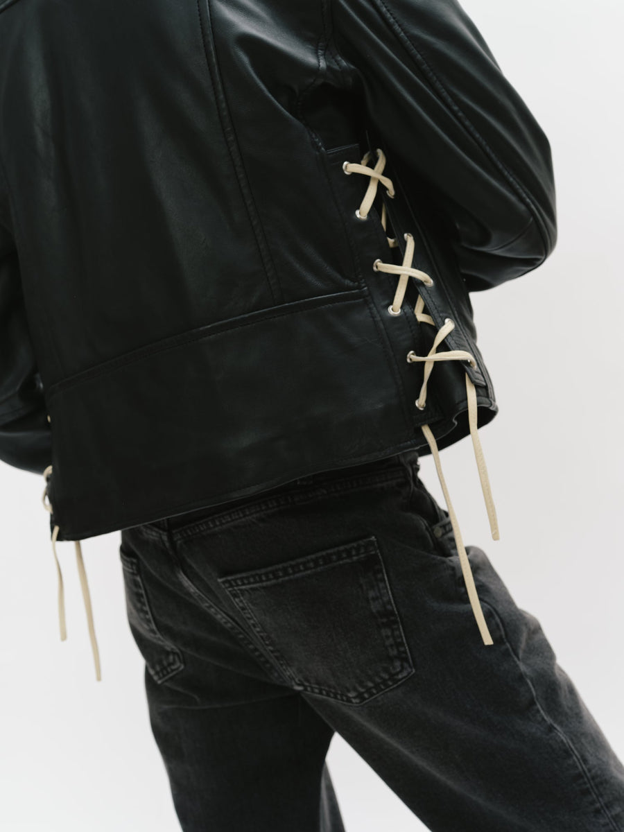 Classic Leather Biker Jacket with Lacing