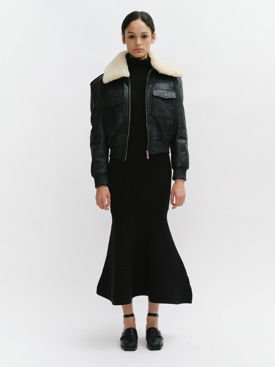 Leather bomber with shearling collar