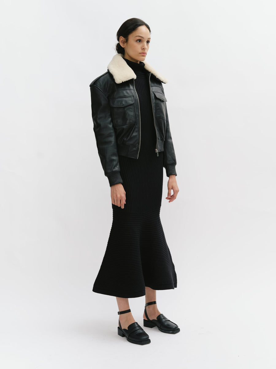 Leather bomber with shearling collar