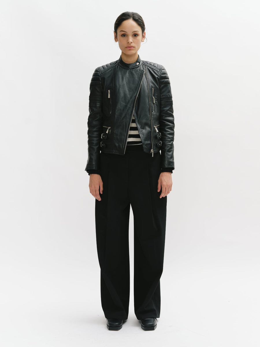 Padded Shoulder Racer Leather Jacket