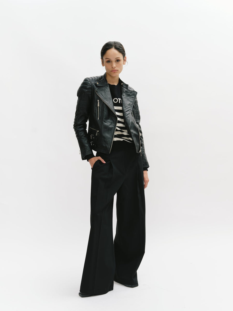 Padded Shoulder Racer Leather Jacket