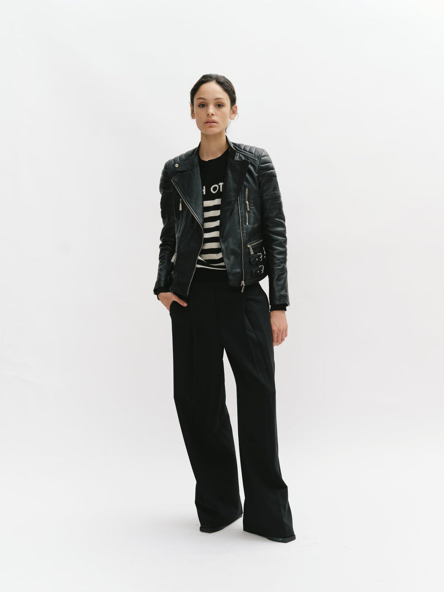 Padded Shoulder Racer Leather Jacket