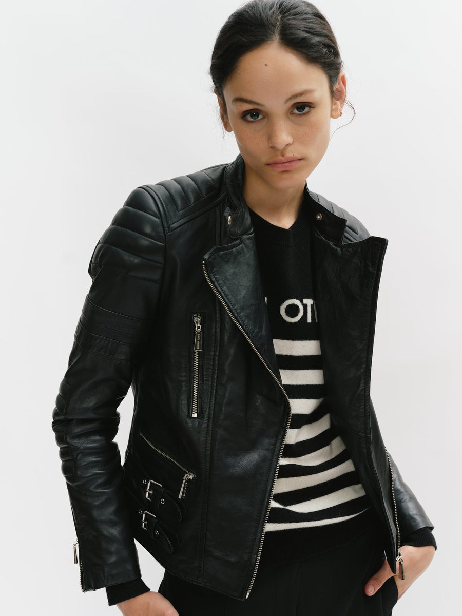 Padded Shoulder Racer Leather Jacket