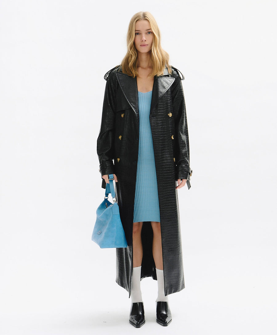 Long Oversize Vegan Leather Croco Print Trench