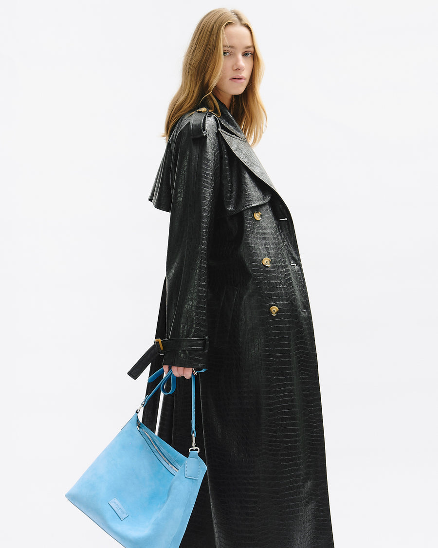 Long Oversize Vegan Leather Croco Print Trench